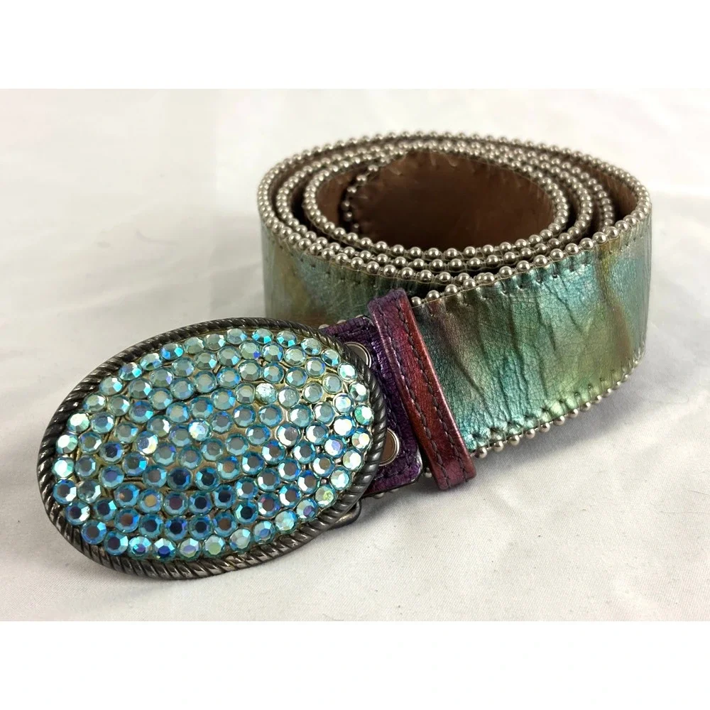 Vintage Rhinestone Belt Made in Spain Wide Leather Aurora Borealis Buckle Y2K